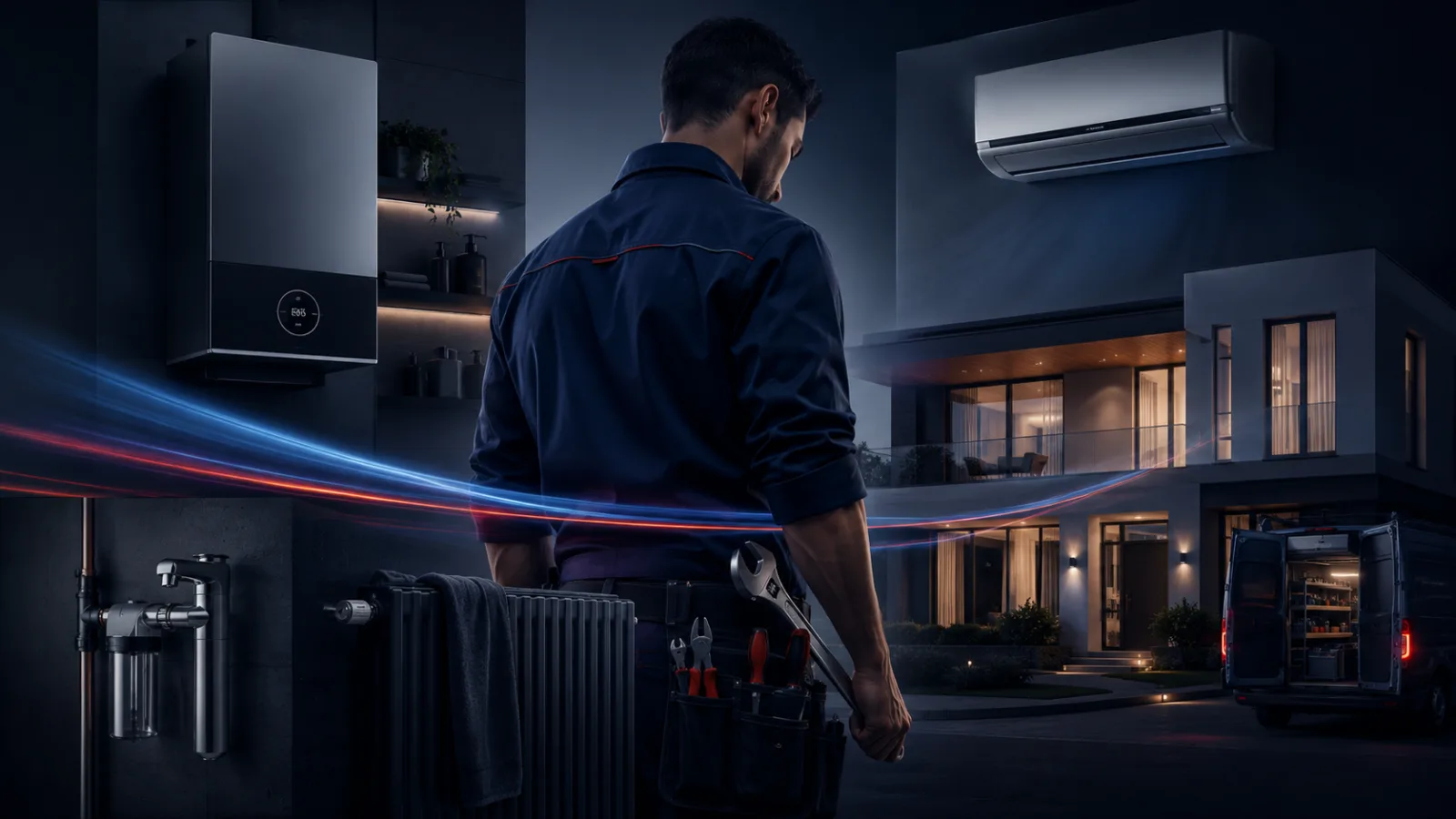 Premium teknik servis ortamı: kombi, klima ve tesisat hizmetleri için modern ev servis görseli